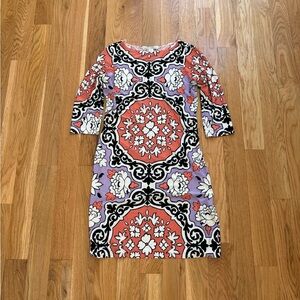 Maggy London Salmon Pink Black Purple Ornamental Floral Boho Midi Dress Size 6
